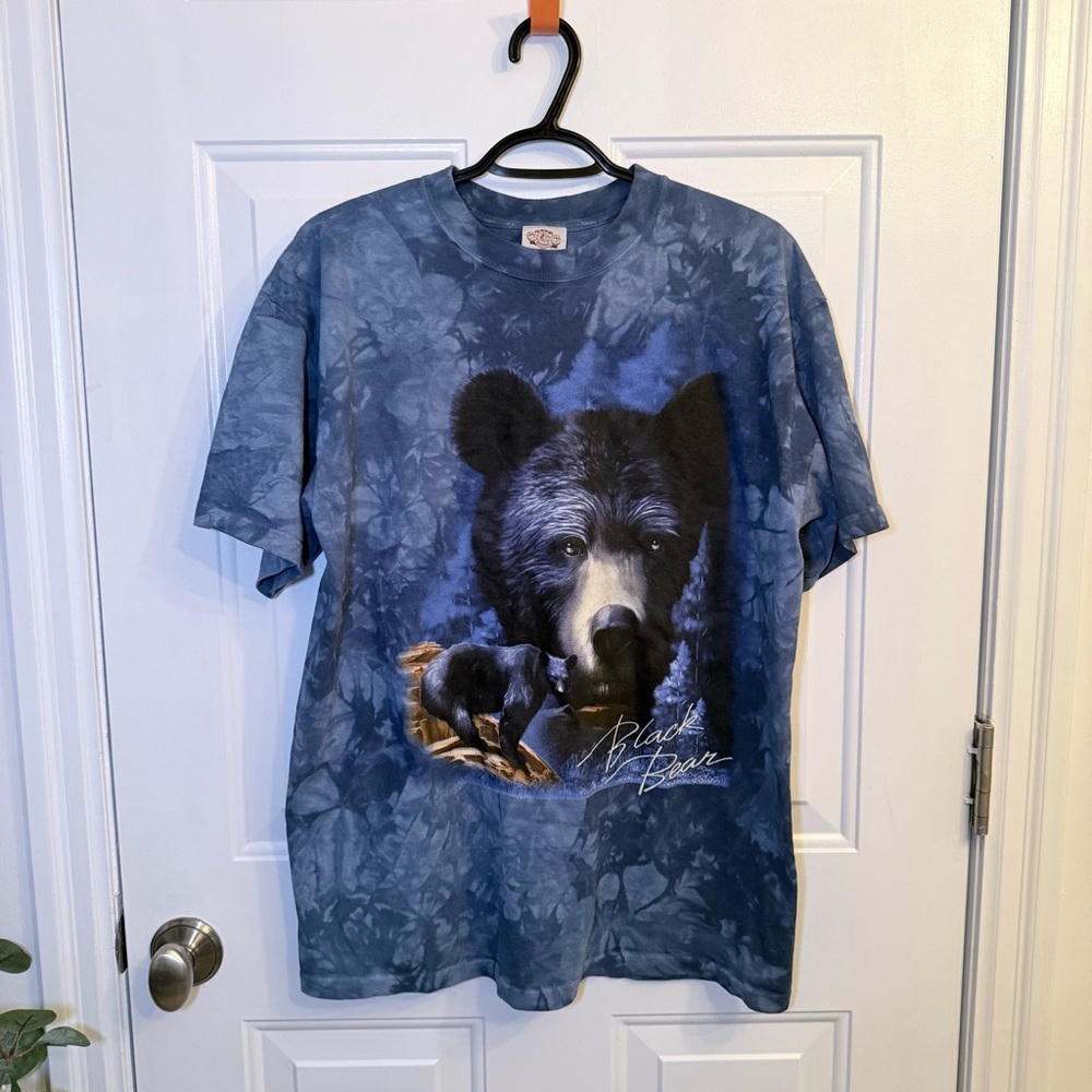 Vintage Blue Tie Dye Black Bear Graphic Tee - Single Stitch